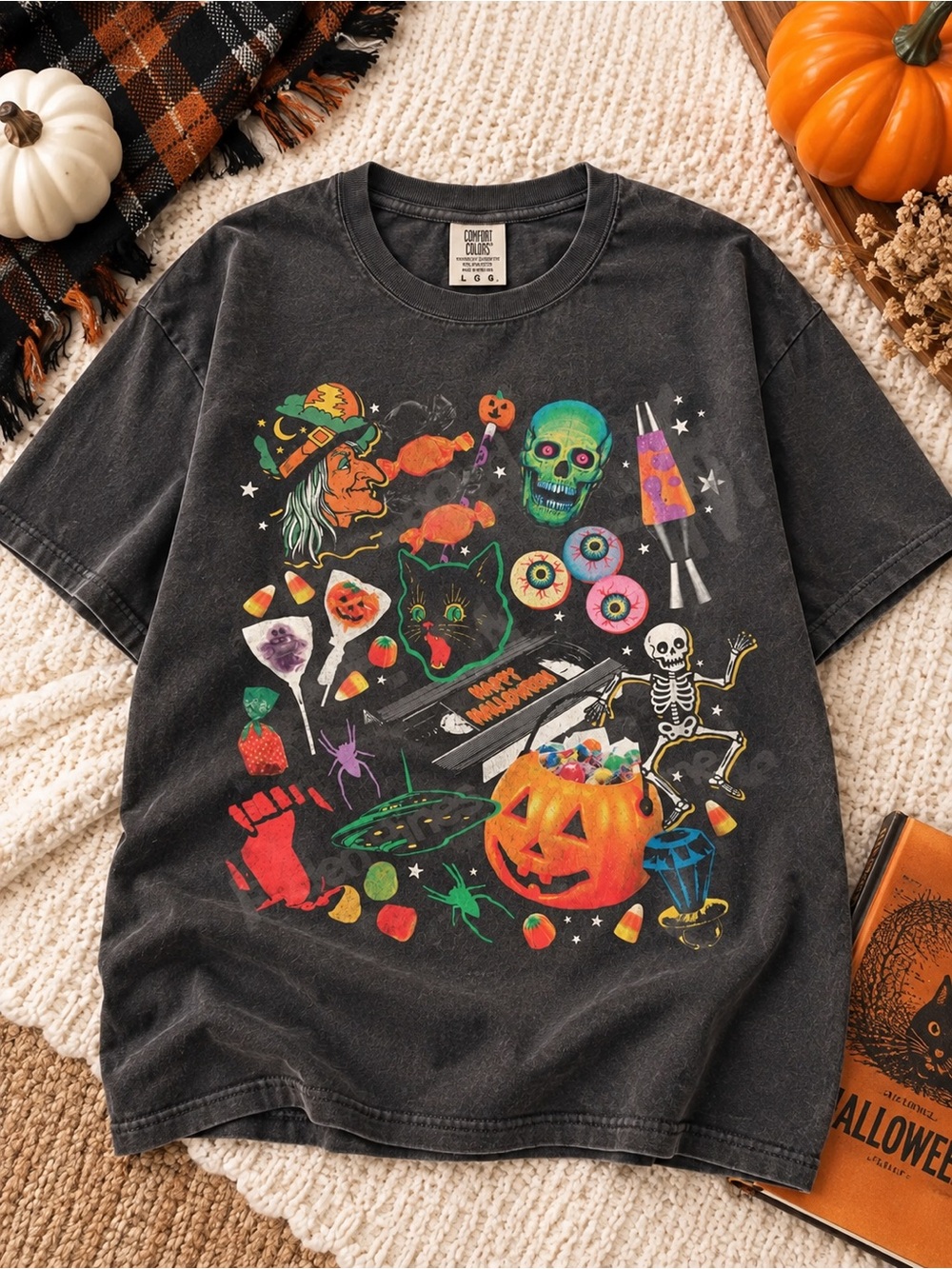 Spooky Halloween Icons Shirt Candy Pumpkin Skull Graphic Tee
